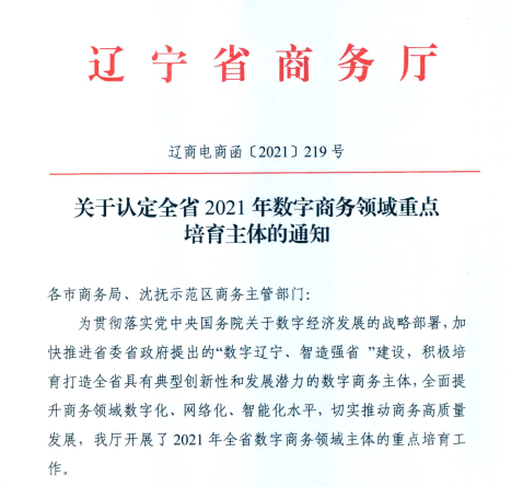 赢多多信息荣获2021年辽宁省数字商务领军企业